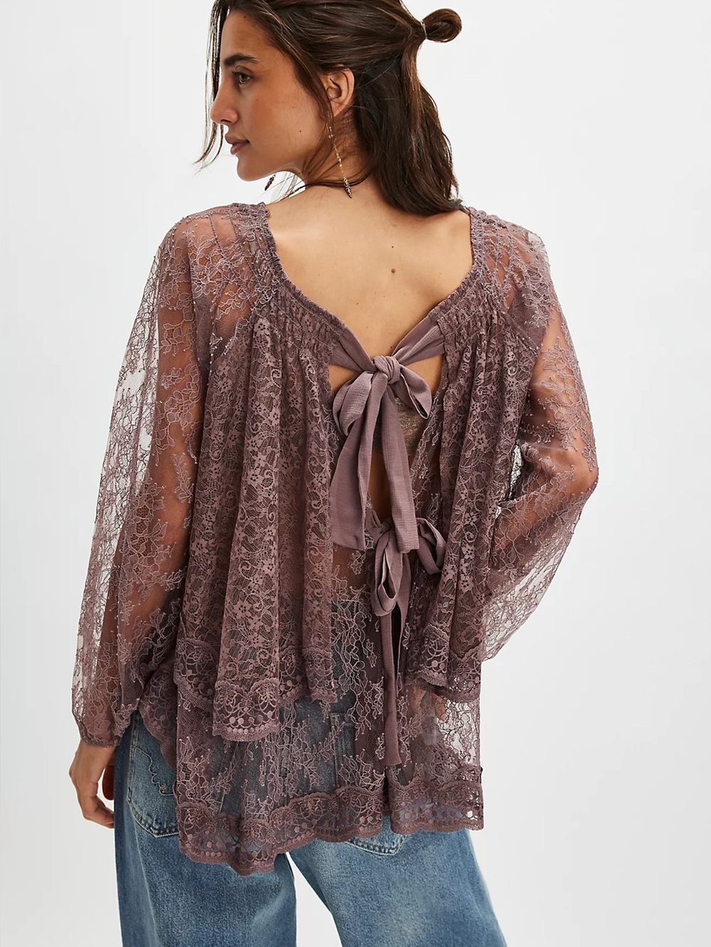 Free People Goldie Knit Top - Plum Dust Size Medium Lace Boho - Picture 3 of 12